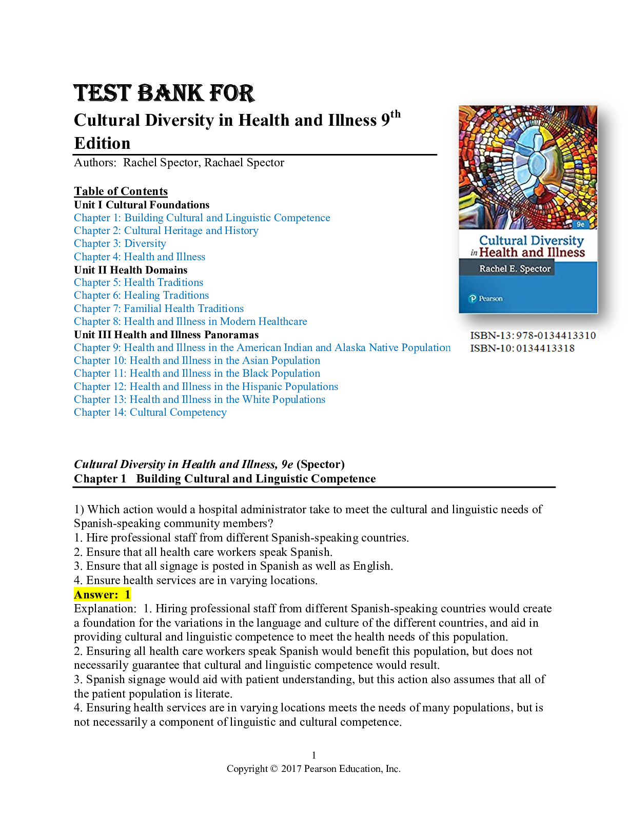 Preview of TEST BANK for Cultural Diversity in Health and Illness 9th Edition by Rachel Spector, Rach